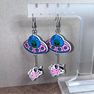Pink and Blue UFO Cow Earrings